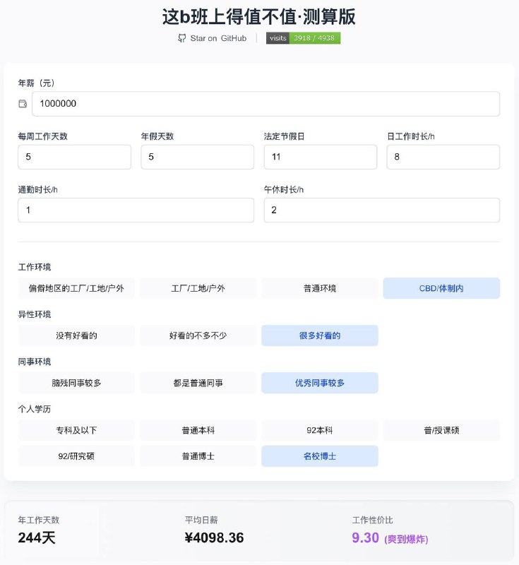 这b班上得值不值·测算版“这b班上得值不值”是一个用于测算工作质量的网页，通过输入工作的税前年薪、工作时长、法定节假日、工作环境等数据，推算工作性价比