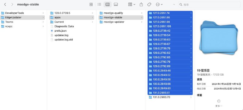 在macOS下，Edge和Chrome自动更新时，可能不会自动删除历史版本的文件，导致占用越来越多你可以在这个路径，检查文件~/Library/Application\ Support/Microsoft/EdgeUpdater/apps/msedge-stableReddit 的一篇讨论显示，这似乎是一个已经存在了6年的老毛病